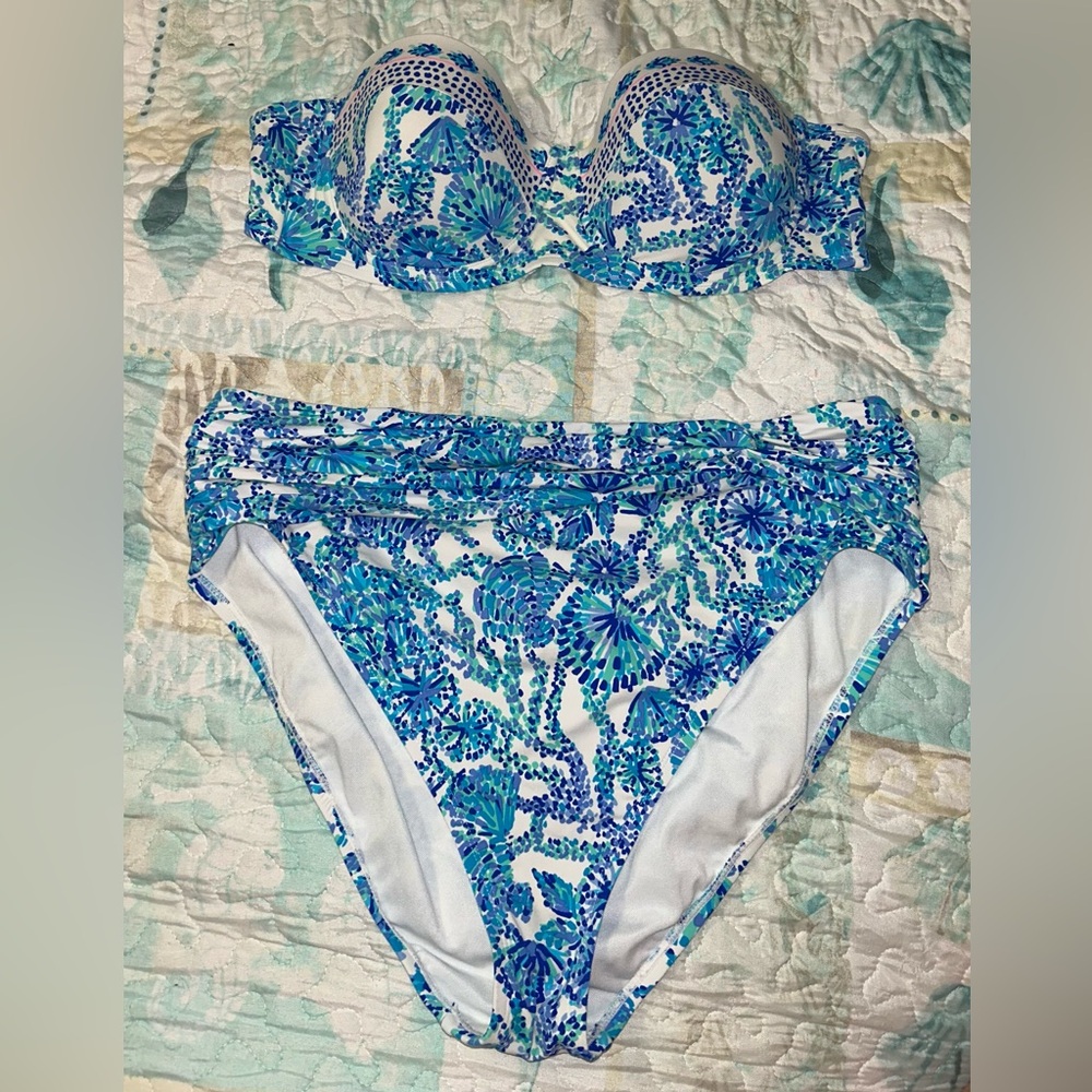 Lilly Pulitzer Turquoise Oasis Shell me you love me swim top & bottom.Sz 12 & 14